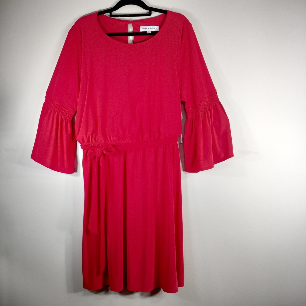 Emma & Michele Red Bell Sleeve Belted Knee Length Dress XL NWT